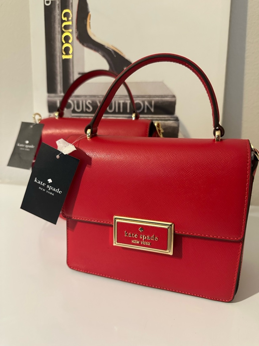 kate spade Red Leather Top-Handle Satchel with Gold Plaque